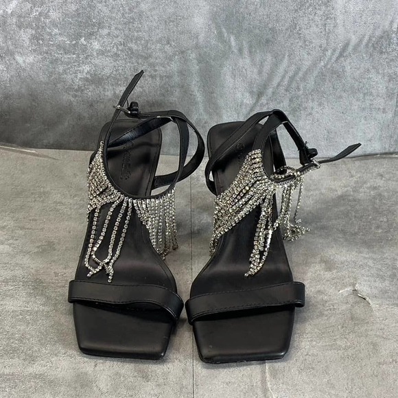 Open Edit Women's Black Annalise Fringe Rhinestone Faux-Leather Sandals SZ 5.5 - Picture 3 of 11